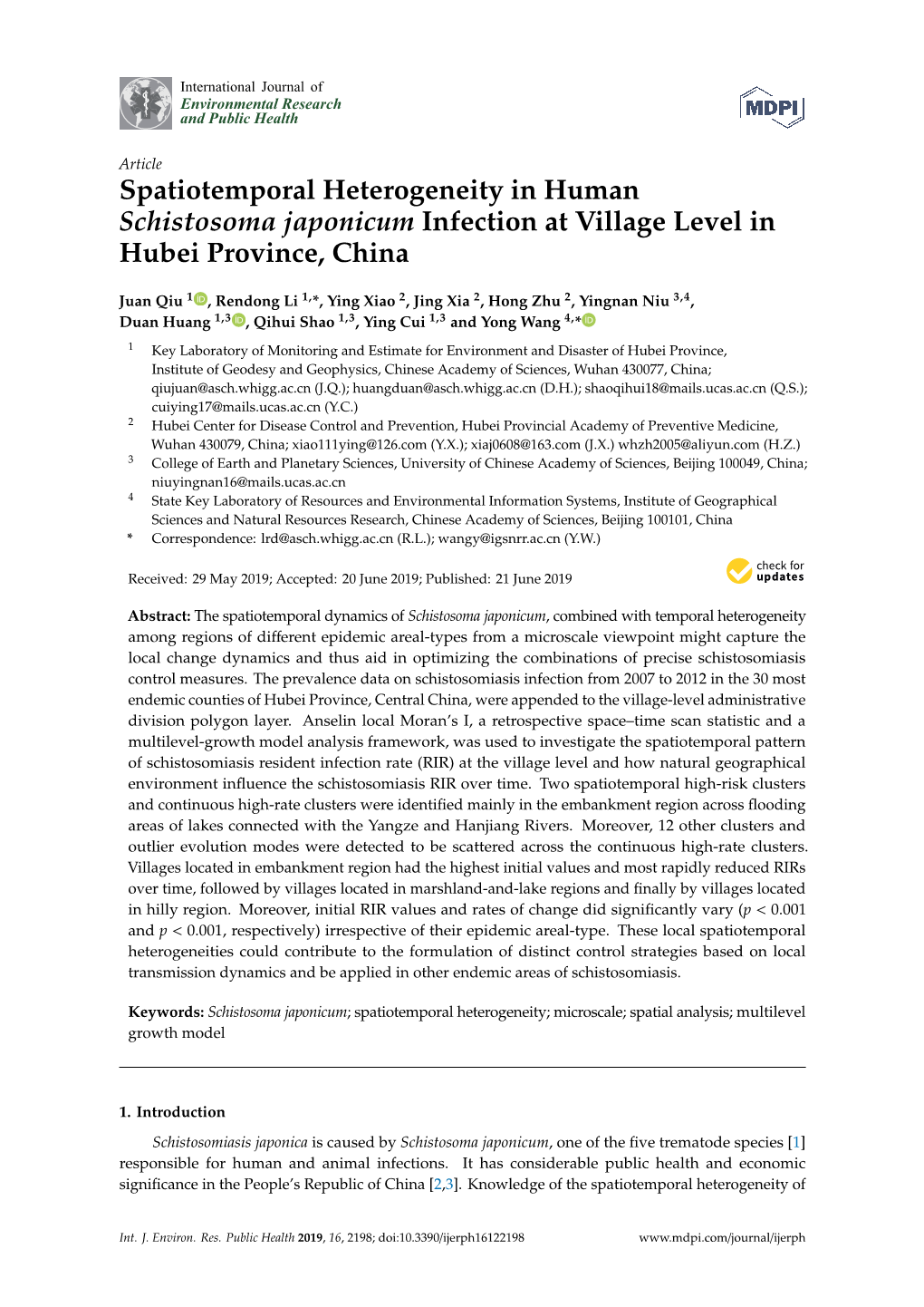 Spatiotemporal Heterogeneity in Human Schistosoma Japonicum Infection at Village Level in Hubei Province, China