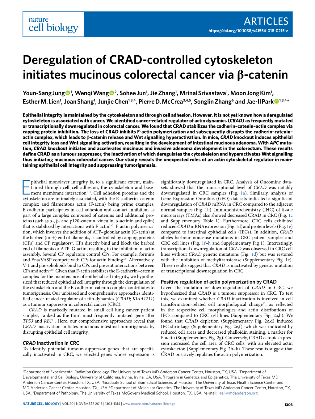 Jung, Y.S. Et Al. Deregulation of CRAD-Controlled Cytoskeleton Initiates Mucinous Colorectal Cancer Via Β-Catenin