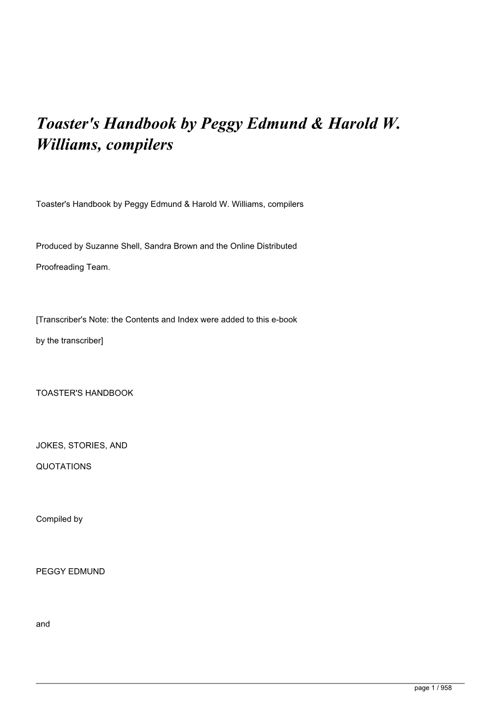 Toaster's Handbook by Peggy Edmund & Harold W. Williams, Compilers</H1>