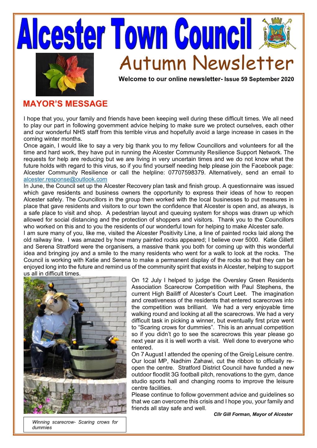 Autumn Newsletter Welcome to Our Online Newsletter- Issue 59 September 2020