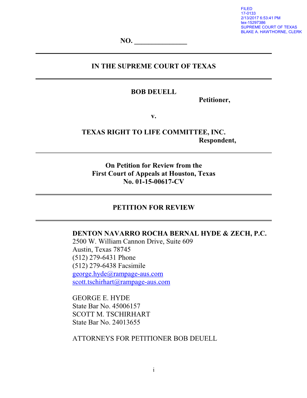 IN the SUPREME COURT of TEXAS BOB DEUELL Petitioner, V. TEXAS
