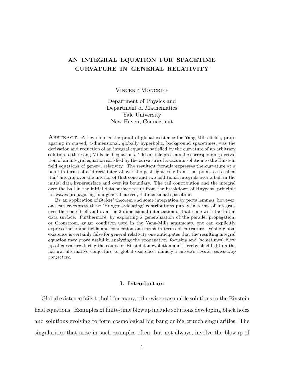 An Integral Equation for Spacetime Curvature in General Relativity