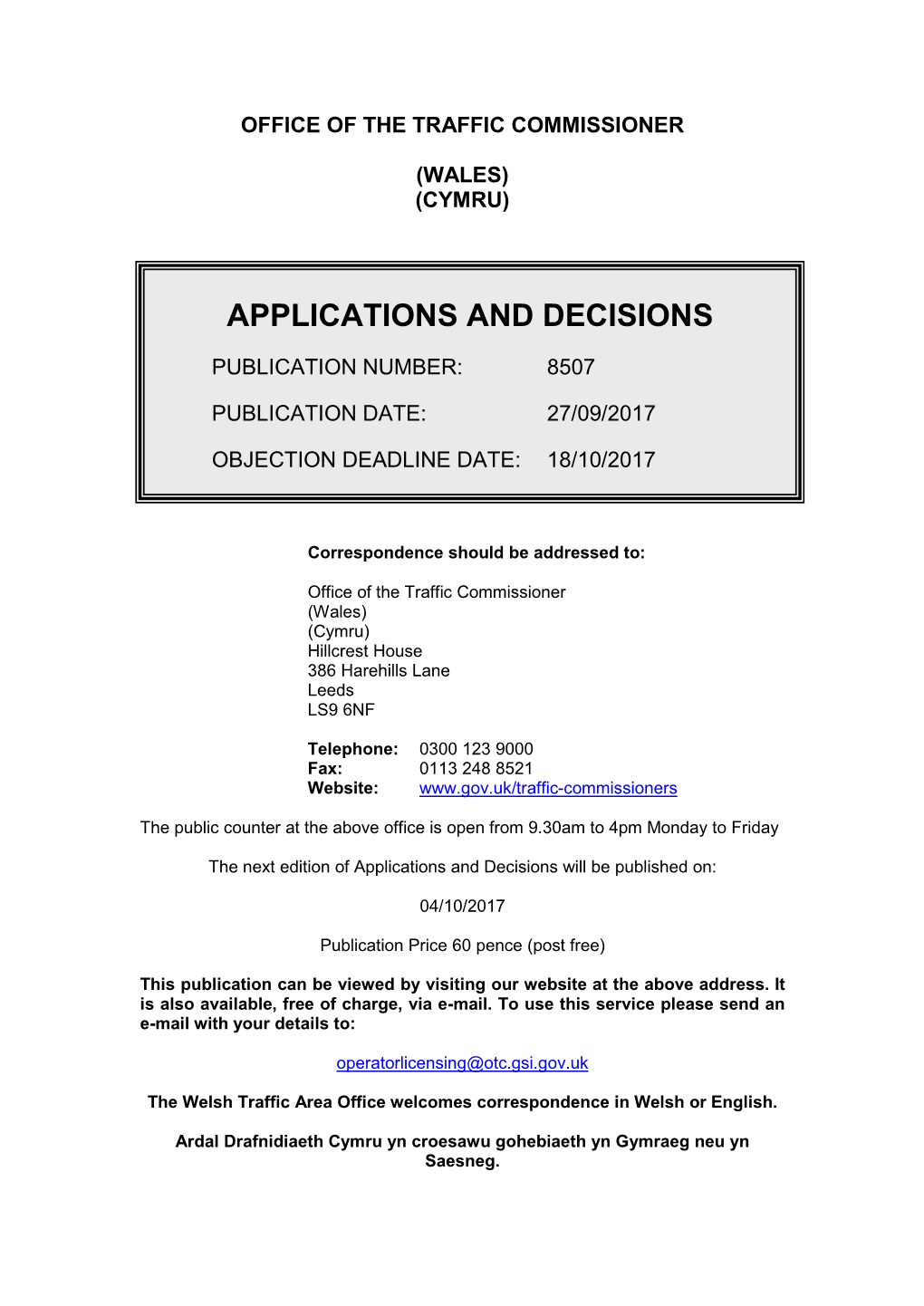 Applications and Decisions 8507: Office of the Traffic Commissioner