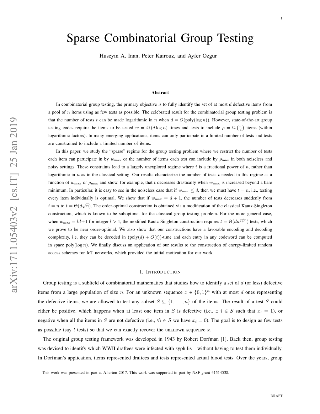 Sparse Combinatorial Group Testing