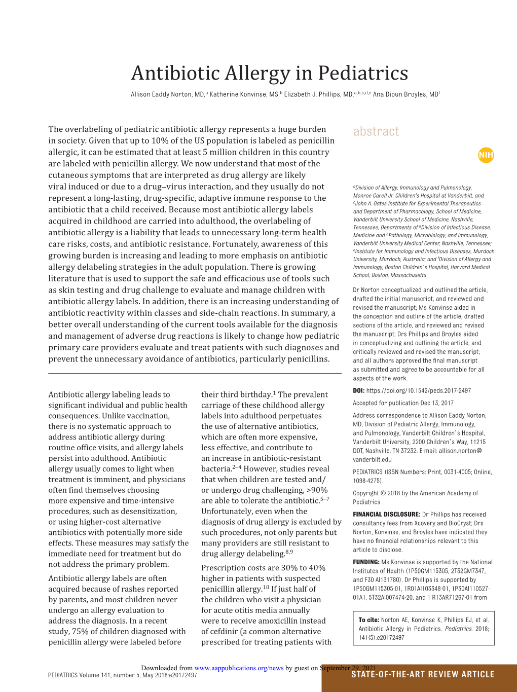 Antibiotic Allergy in Pediatrics Abstract the Overlabeling of Pediatric Antibiotic Allergy Represents a Huge Burden NIH in Society