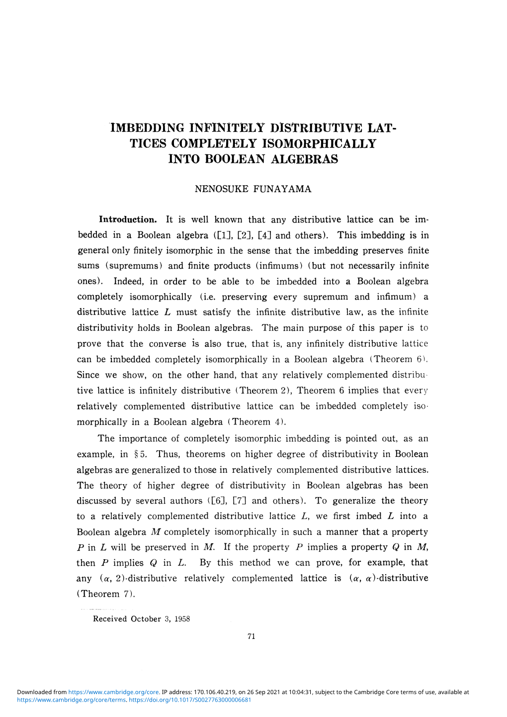 Imbedding Infinitely Distributive Lat- Tices Completely Isomorphically Into Boolean Algebras