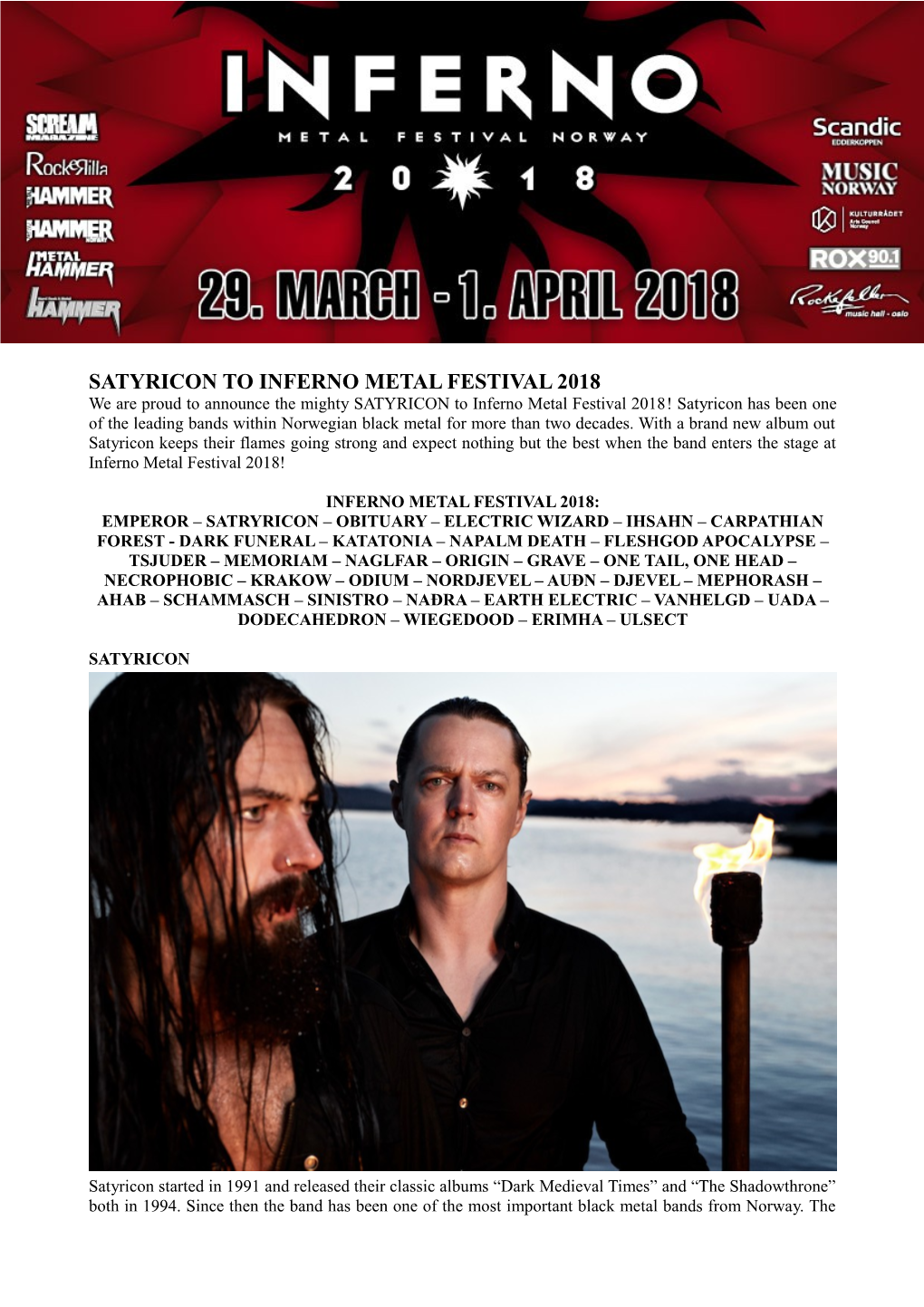Satyricon to Inferno Metal Festival 2018