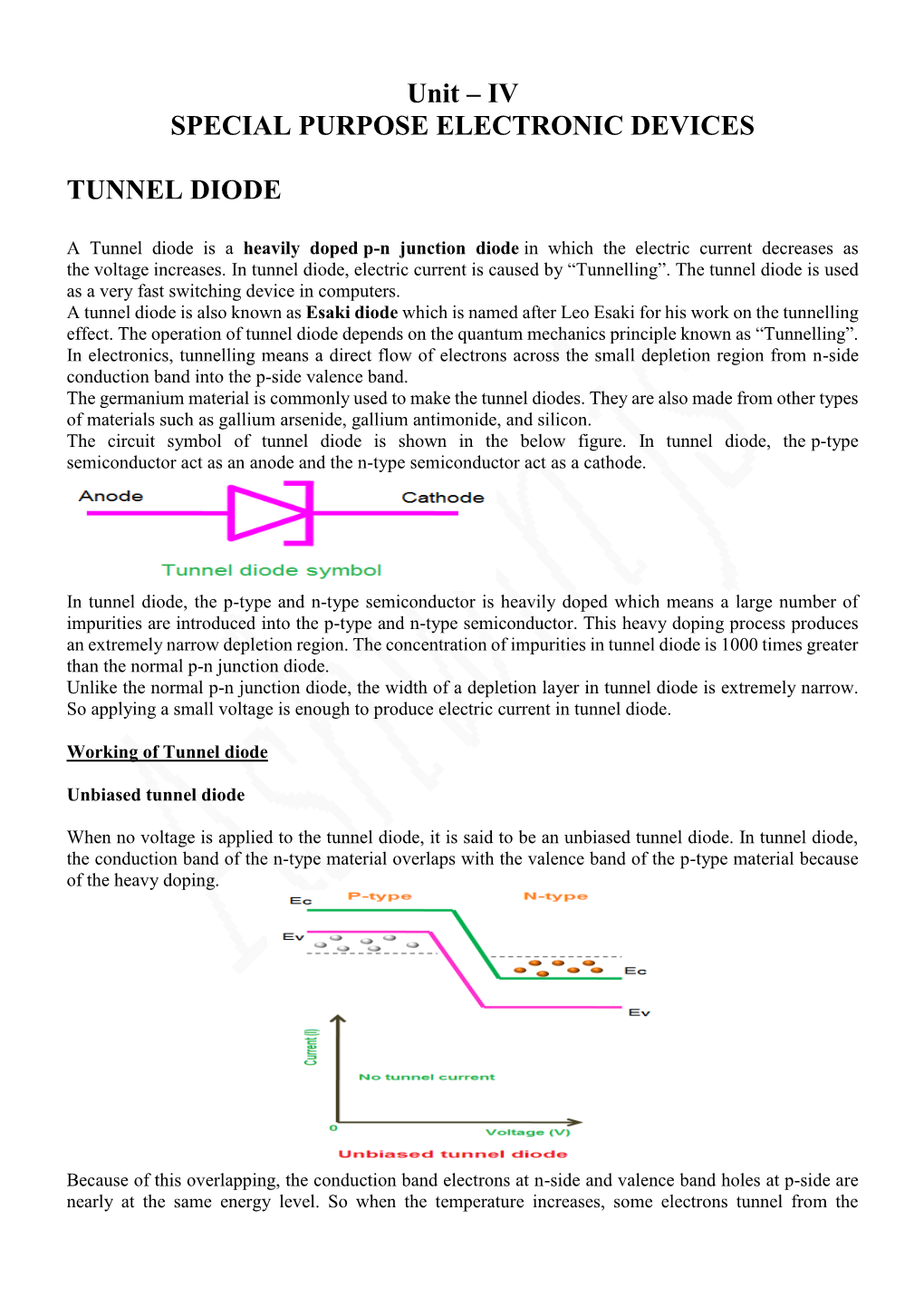 Unit – IV SPECIAL PURPOSE ELECTRONIC DEVICES TUNNEL