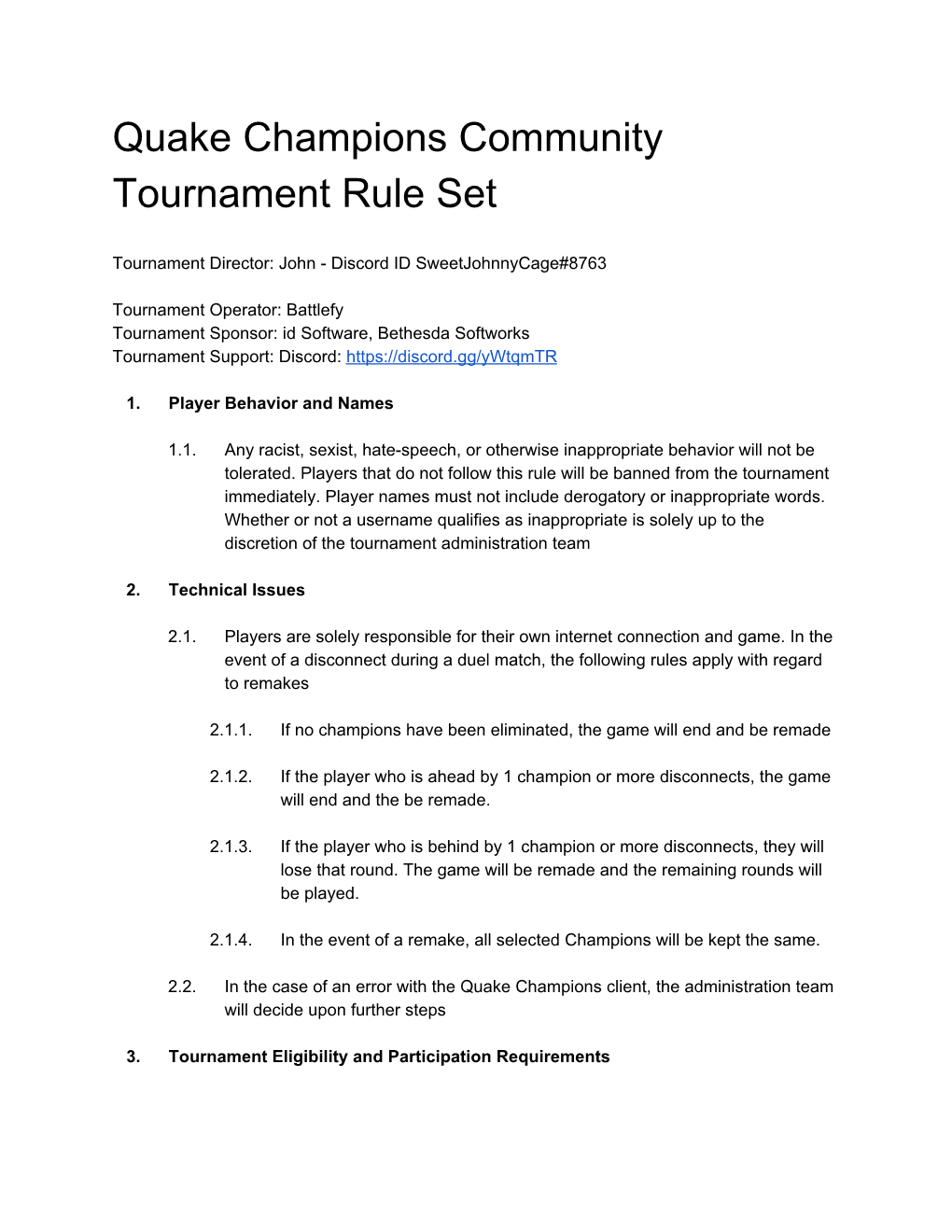 Quake Champions Community Tournament Rule Set
