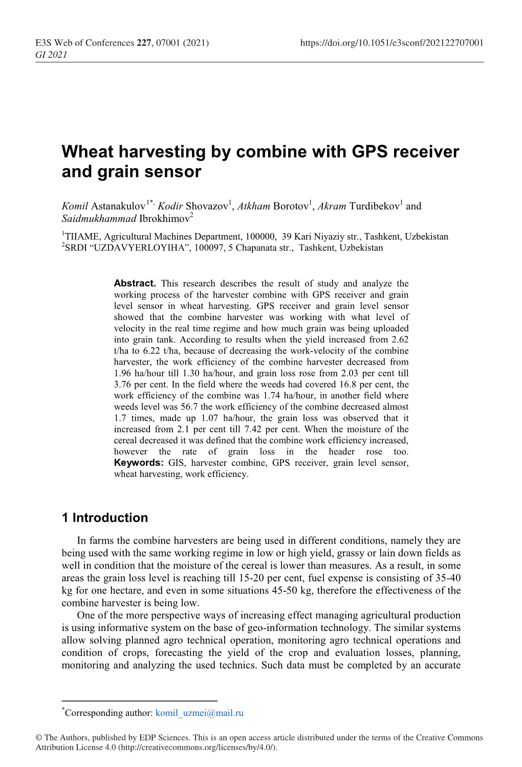 Wheat Harvesting by Combine with GPS Receiver and Grain Sensor