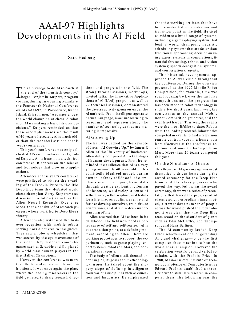 AAAI-97 Highlights Developments in the AI Field