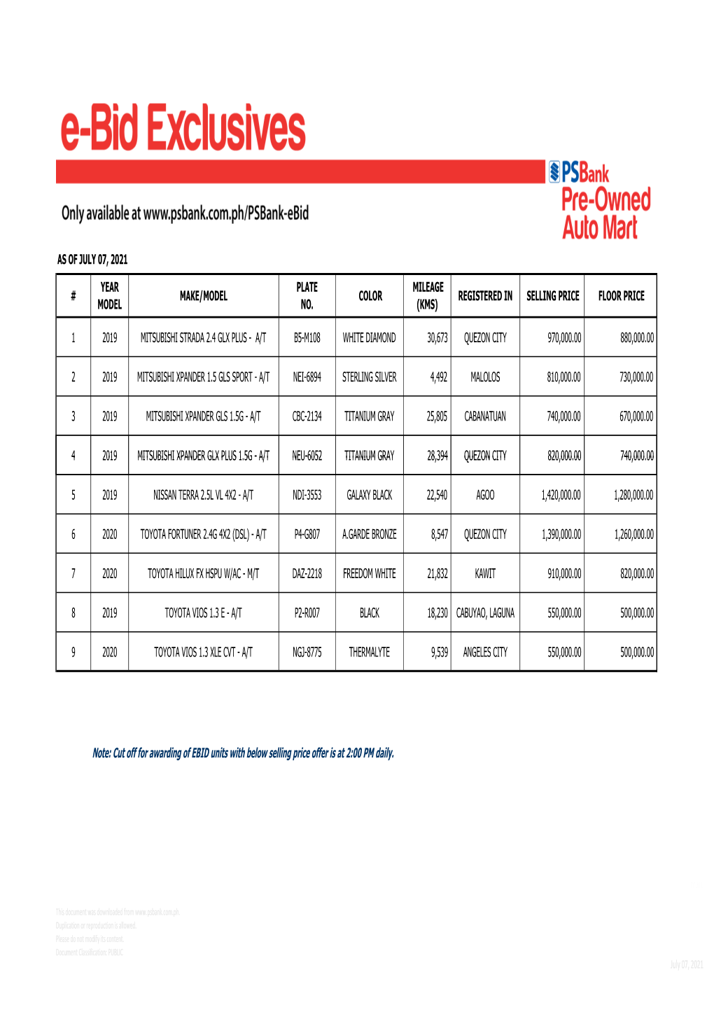 VEHICLES for SALE AS of July 07, 2021 PM