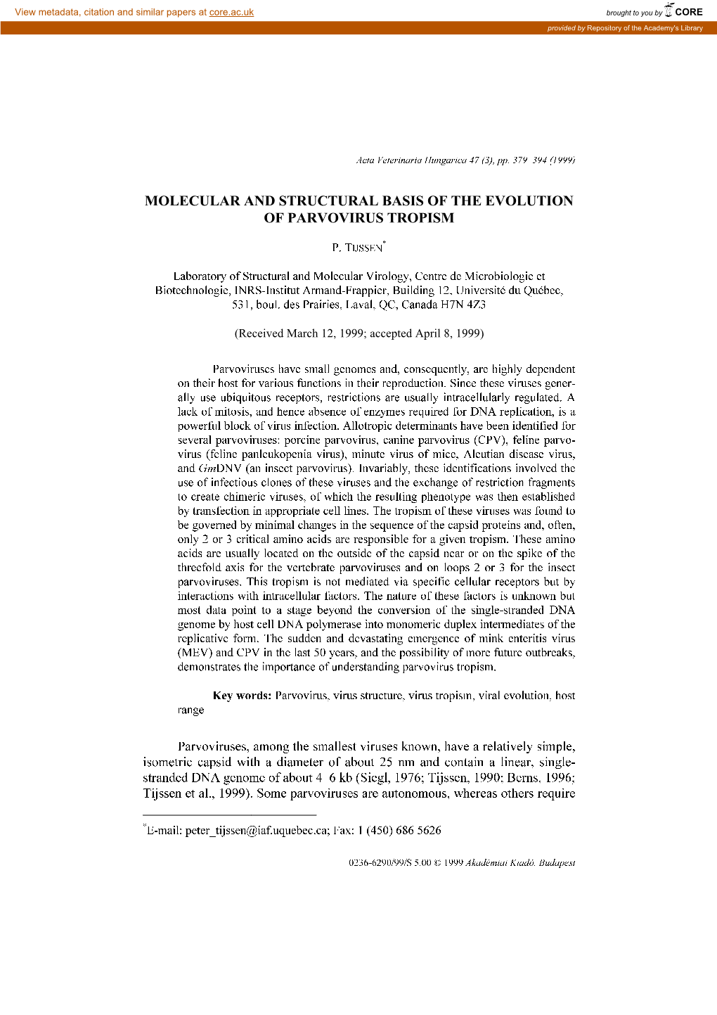 Molecular and Structural Basis of the Evolution of Parvovirus Tropism