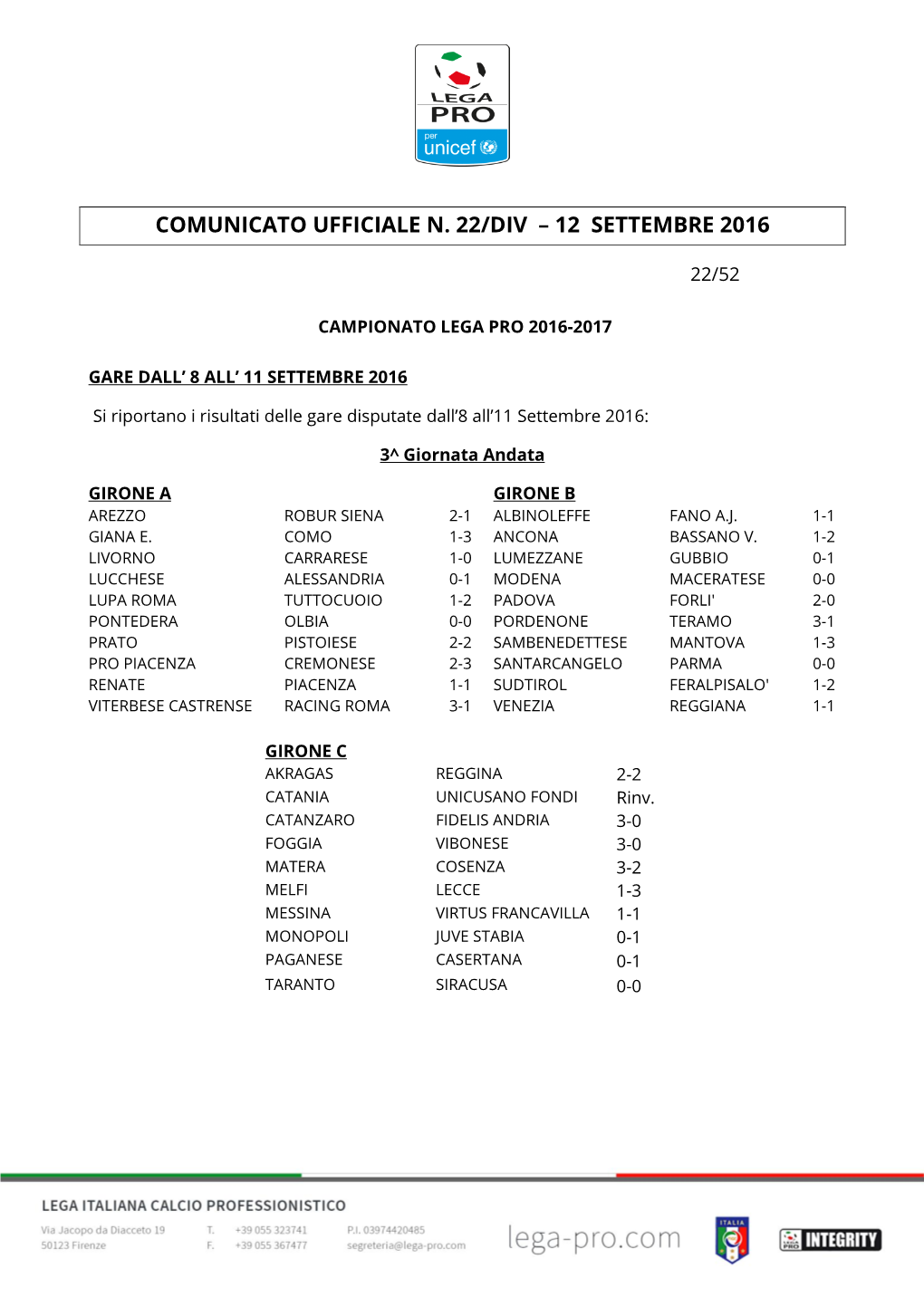 Comunicato Ufficiale N. 22/Div – 12 Settembre 2016