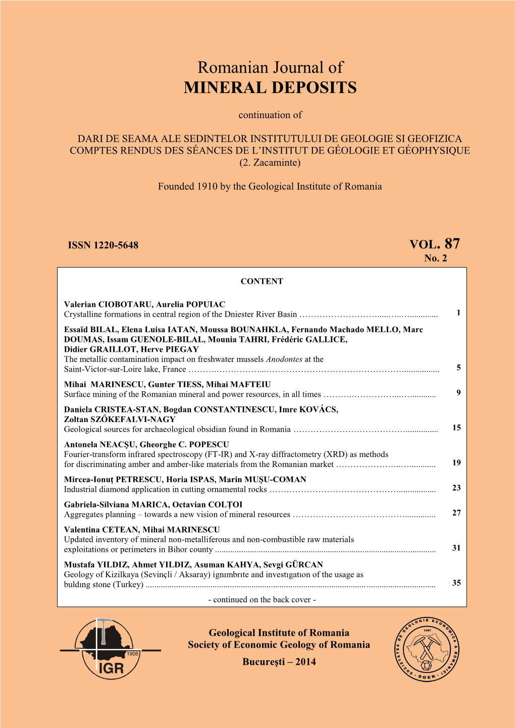 Romanian Journal of MINERAL DEPOSITS