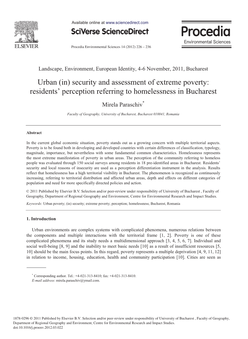 (In) Security and Assessment of Extreme Poverty: Perception Referring to Homelessness in Bucharest