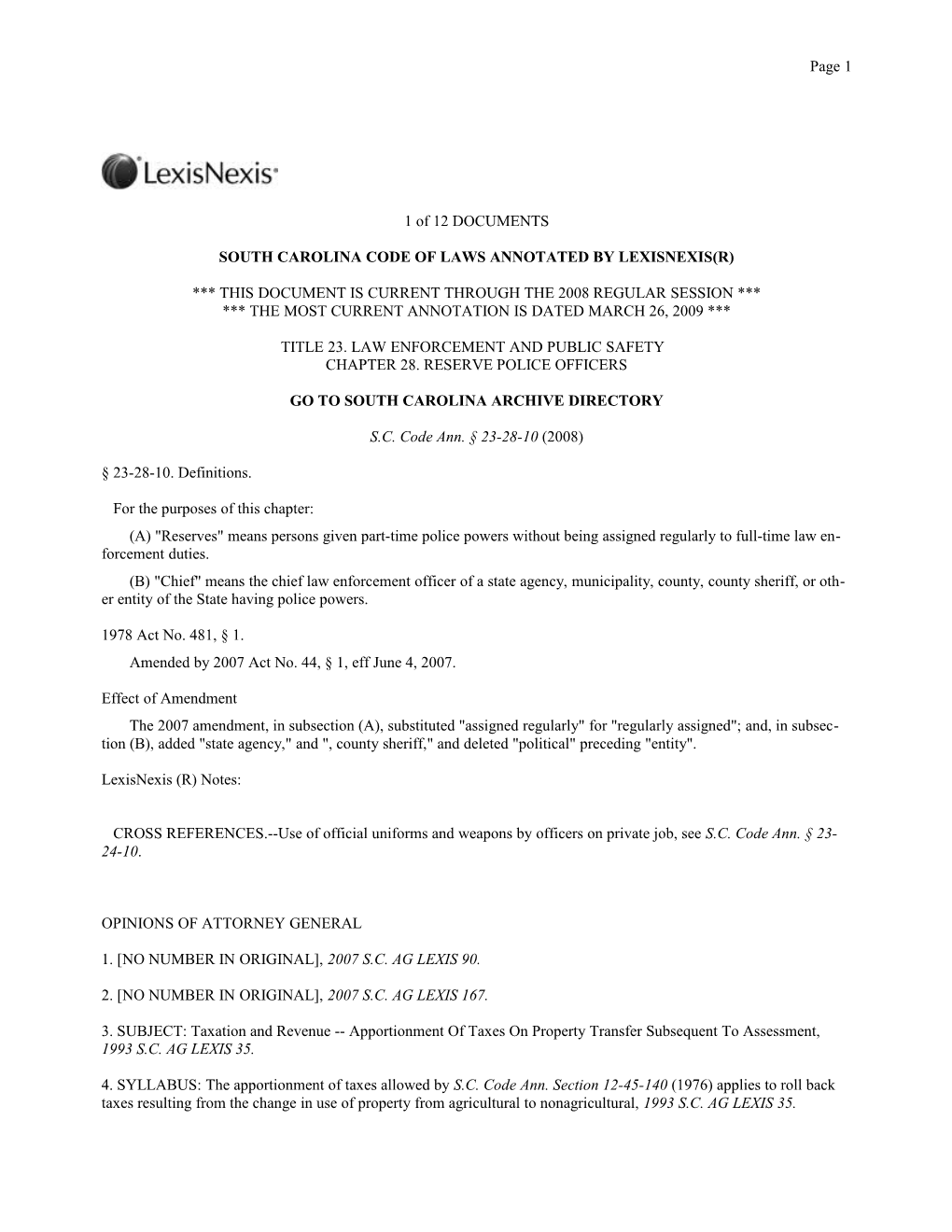 South Carolina Code of Laws Annotated by Lexisnexis(R)