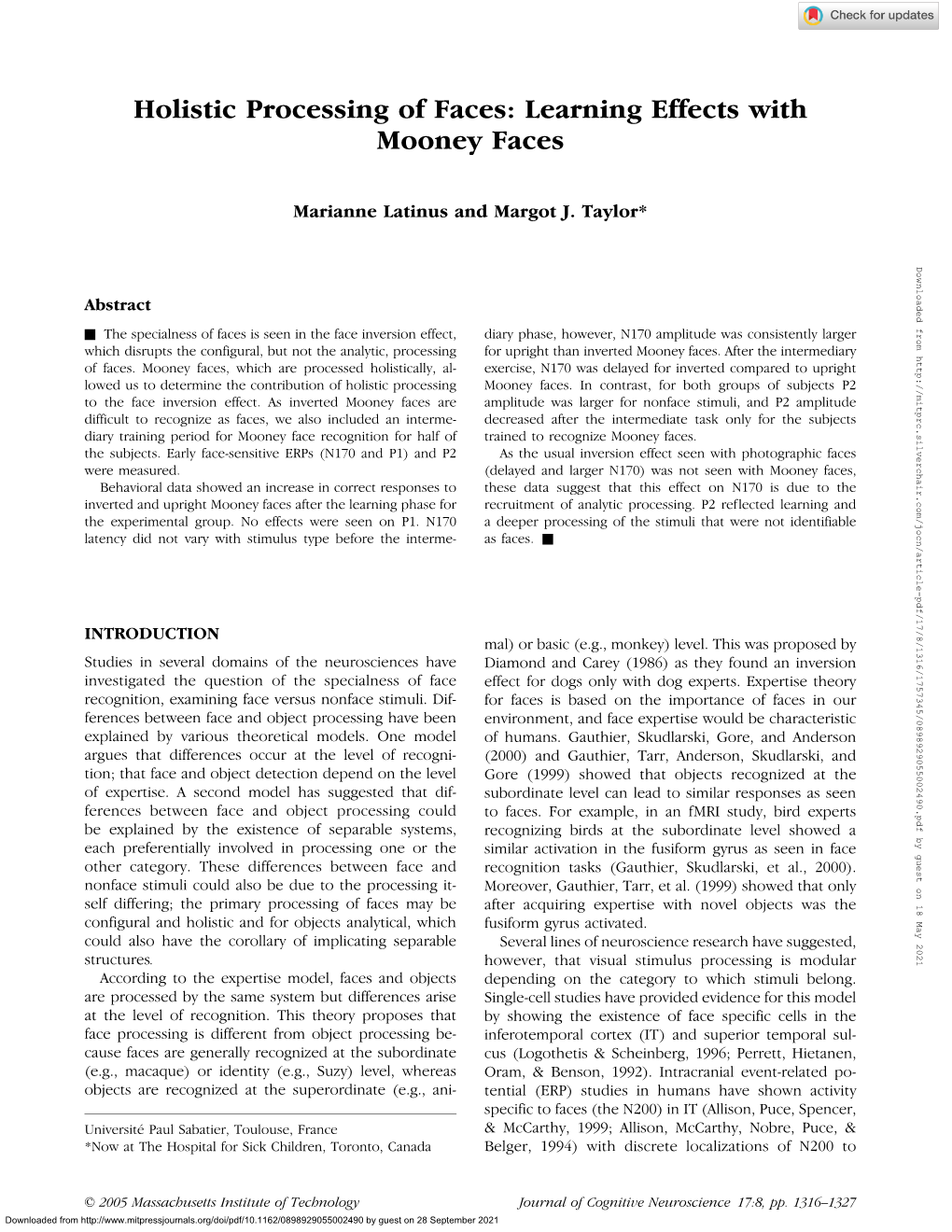 Holistic Processing of Faces: Learning Effects with Mooney Faces