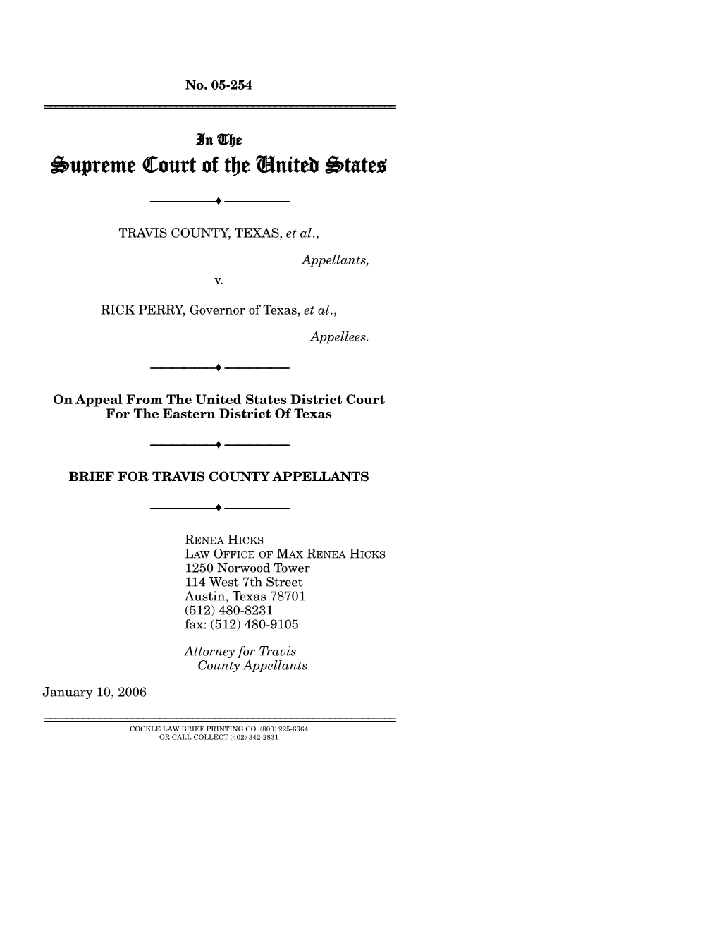 Brief for Appellants in Travis County V. Perry, 05-254