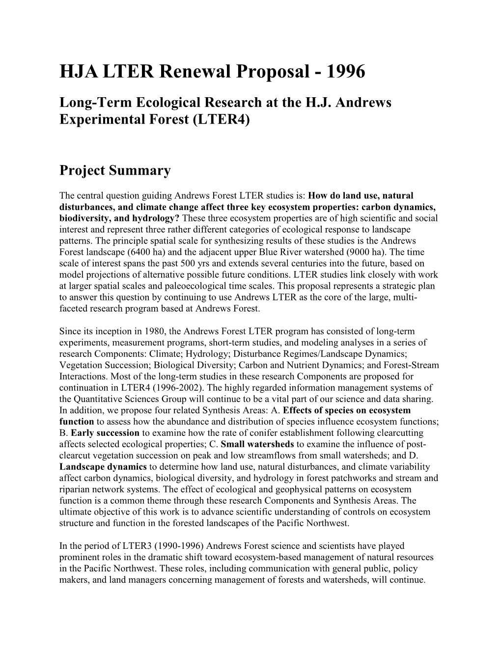 HJA LTER Renewal Proposal - 1996 Long-Term Ecological Research at the H.J