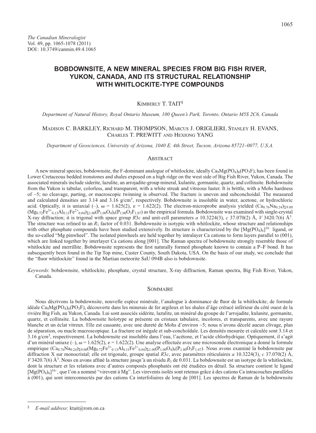 Bobdownsite, a New Mineral Species from Big Fish River, Yukon, Canada, and Its Structural Relationship with Whitlockite-Type Compounds