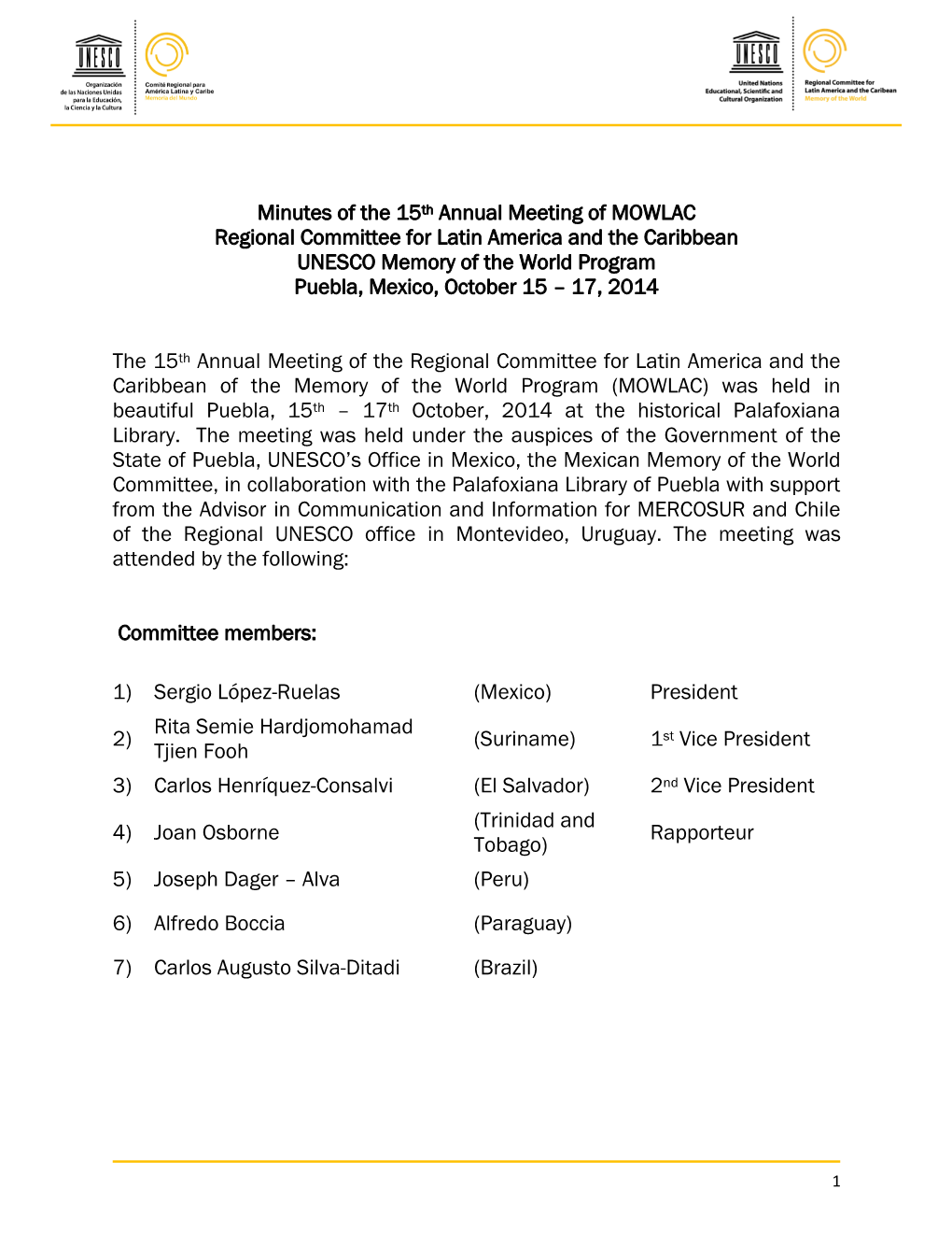 Minutes of the 15Th Annual Meeting of MOWLAC Regional Committee For
