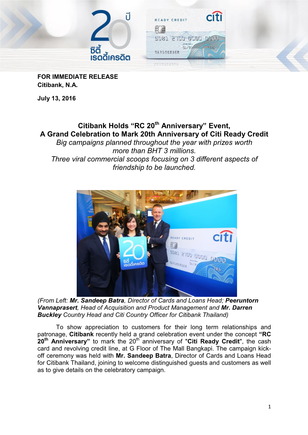 Event, a Grand Celebration to Mark 20Th Anniversary of Citi Ready Credit Big Campaigns Planned Throughout the Year with Prizes Worth More Than BHT 3 Millions