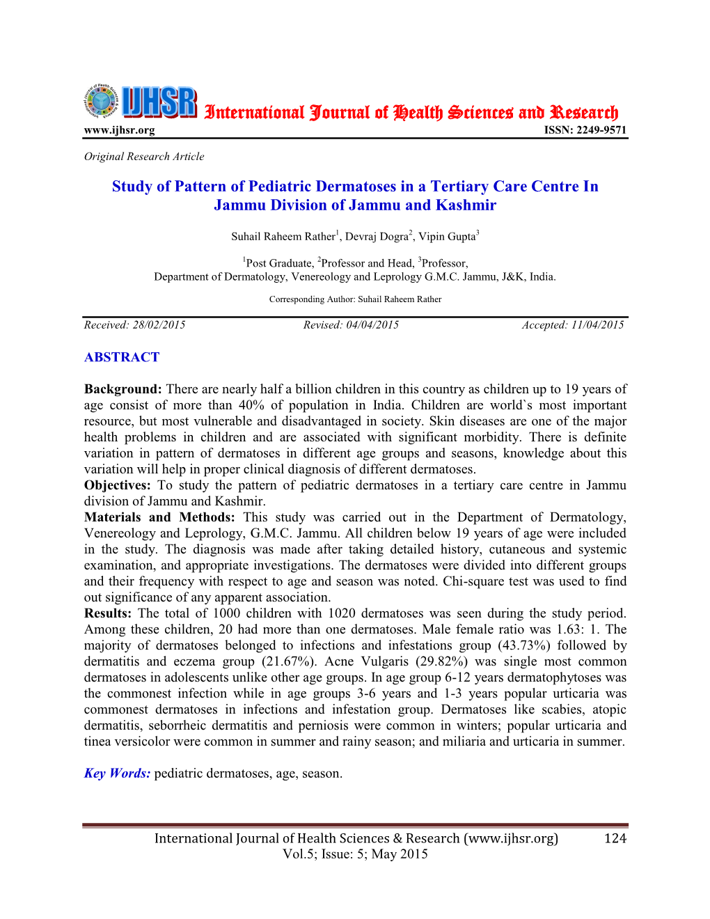 Study of Pattern of Pediatric Dermatoses in a Tertiary Care Centre in Jammu Division of Jammu and Kashmir