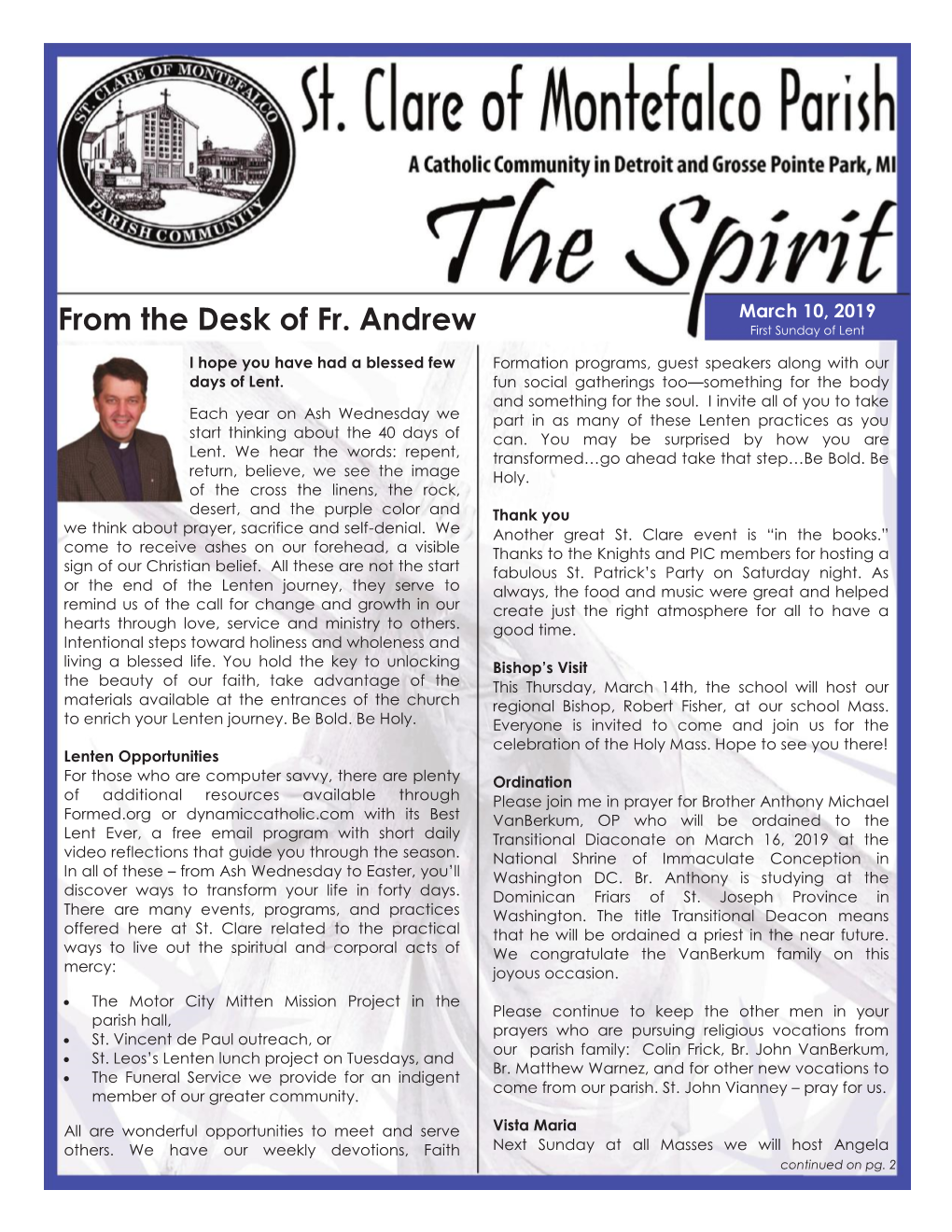 From the Desk of Fr. Andrew First Sunday of Lent