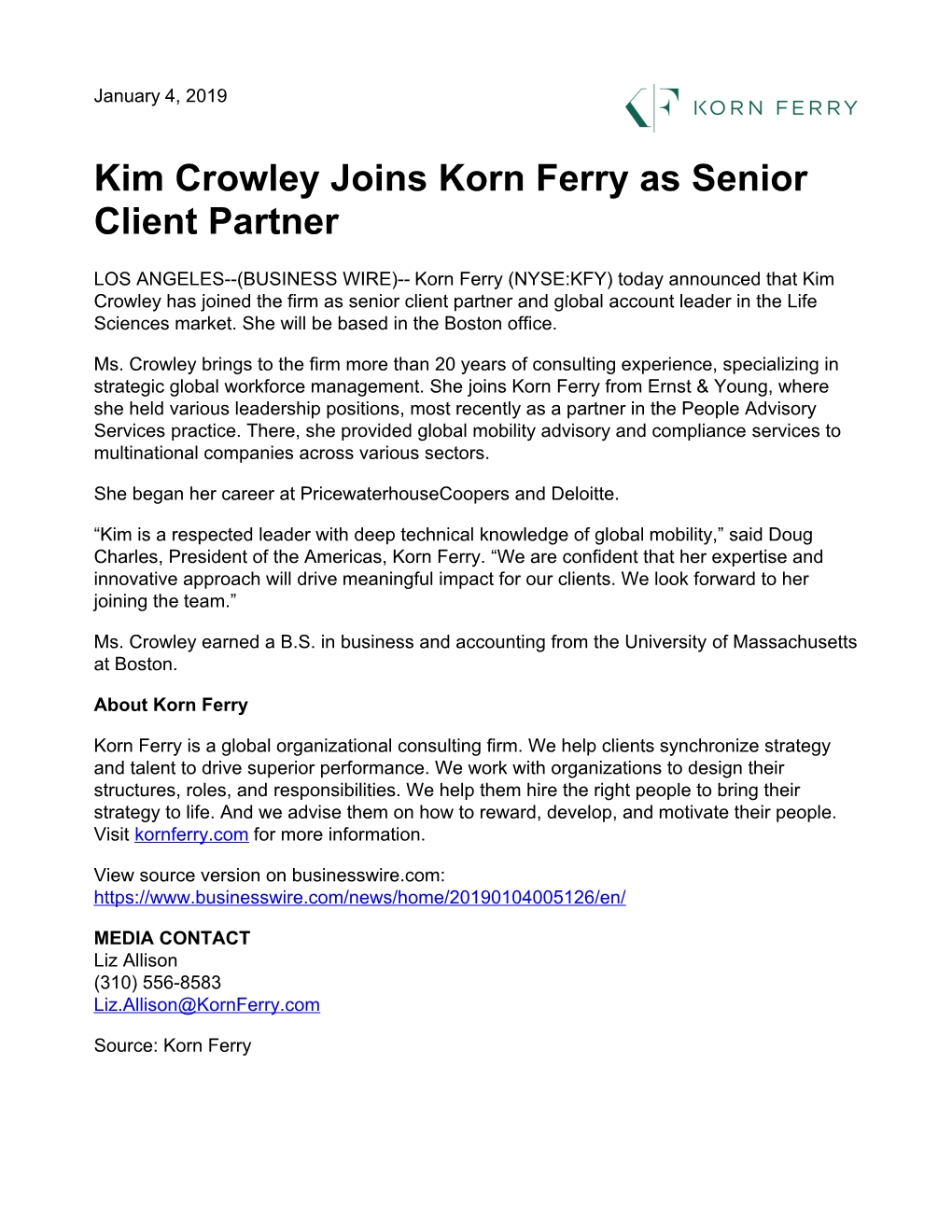 Kim Crowley Joins Korn Ferry As Senior Client Partner