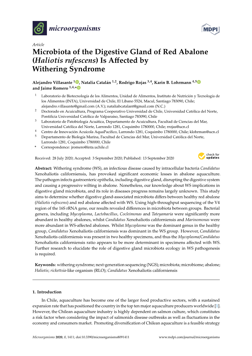 Microbiota of the Digestive Gland of Red Abalone (Haliotis Rufescens) Is Aﬀected by Withering Syndrome