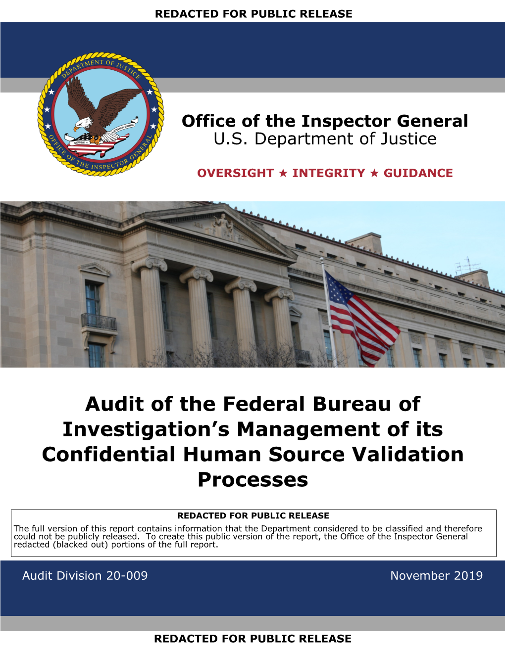 Audit of the Federal Bureau of Investigation's Management of Its Confidential Human Source Validation Processes