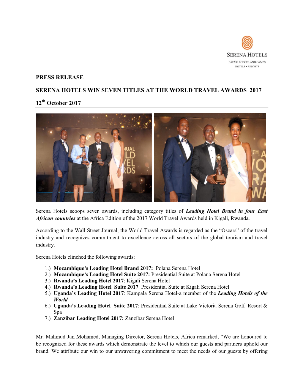 PRESS RELEASE SERENA HOTELS WIN SEVEN TITLES at the WORLD TRAVEL AWARDS 2017 12 October 2017
