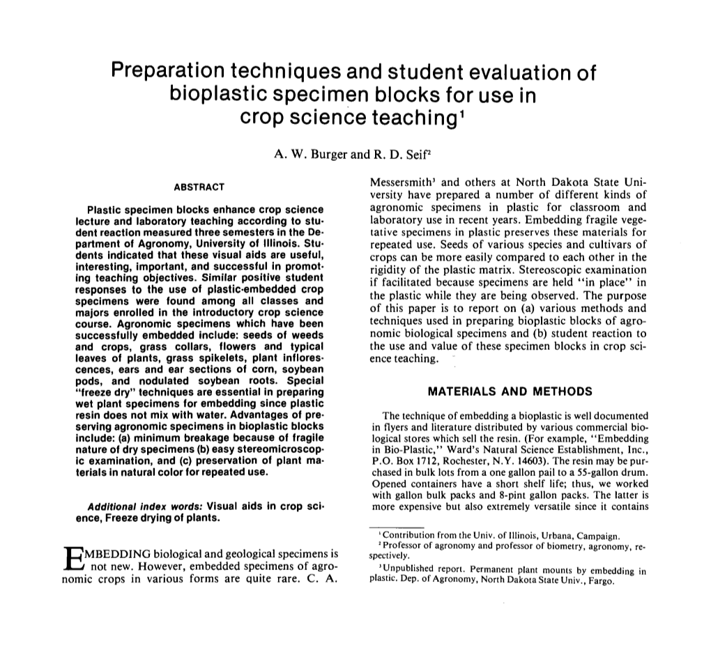 Preparation Techniques and Student Evaluation of Bioplastic Specimen Blocks for Use in Crop Science Teaching1