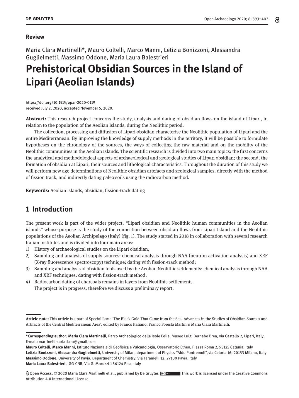 Prehistorical Obsidian Sources in the Island of Lipari (Aeolian Islands) Received July 2, 2020; Accepted November 5, 2020