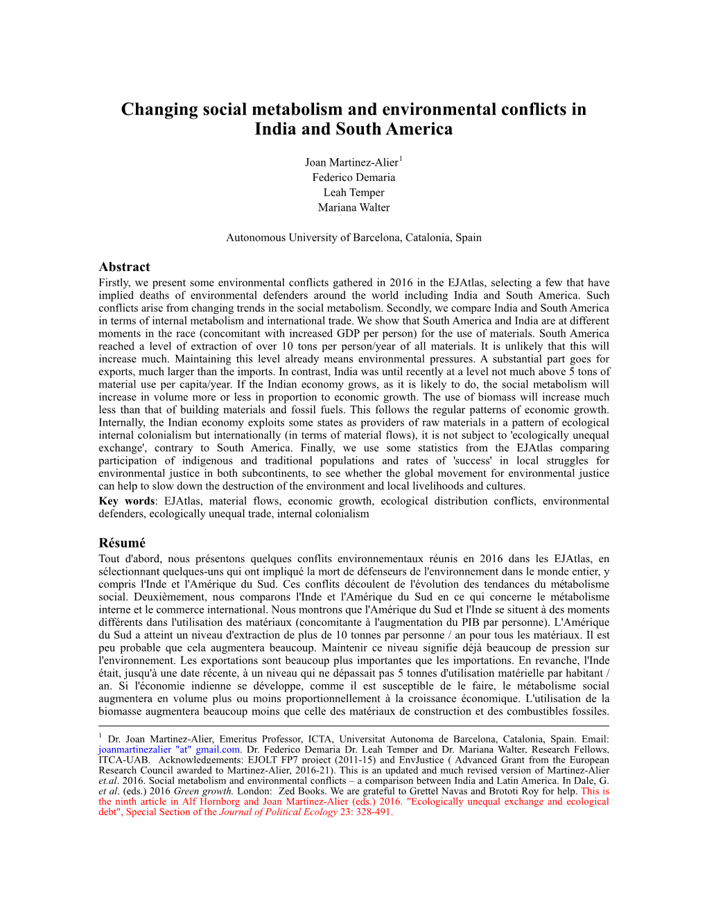 Changing Social Metabolism and Environmental Conflicts in India and South America