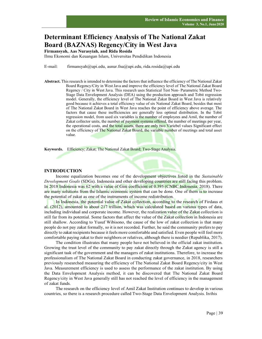 (BAZNAS) Regency/City in West Java Firmansyah, Aas Nurasyiah, and Rida Rosida Ilmu Ekonomi Dan Keuangan Islam, Universitas Pendidikan Indonesia