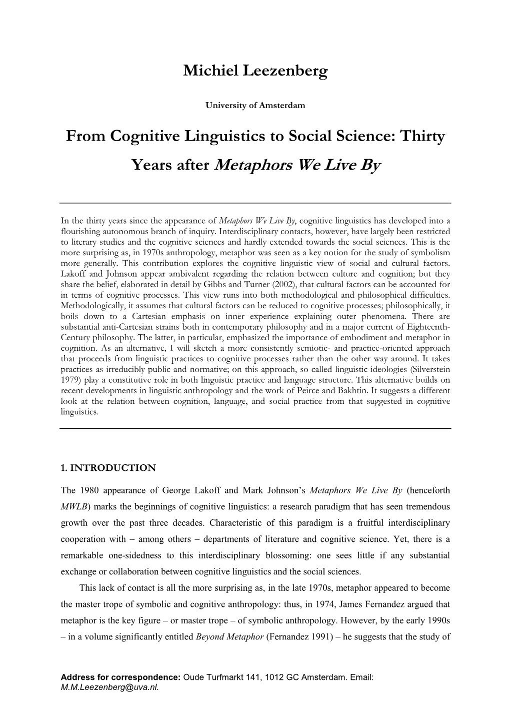 From Cognitive Linguistics to Social Science: Thirty Years After Metaphors We Live By