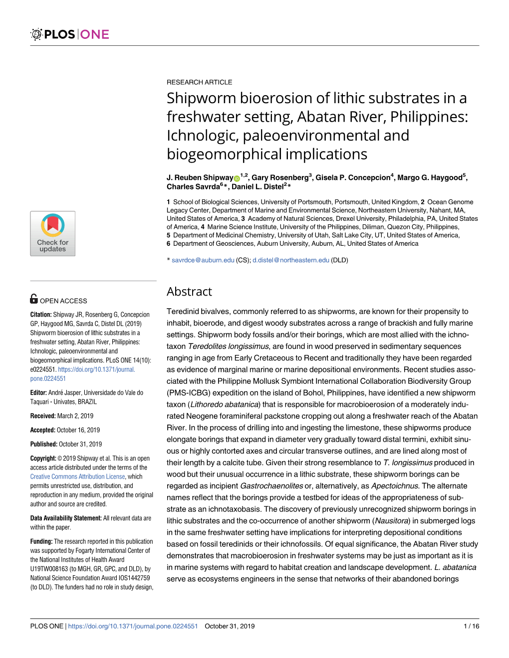 Shipworm Bioerosion of Lithic Substrates in a Freshwater Setting, Abatan River, Philippines: Ichnologic, Paleoenvironmental and Biogeomorphical Implications