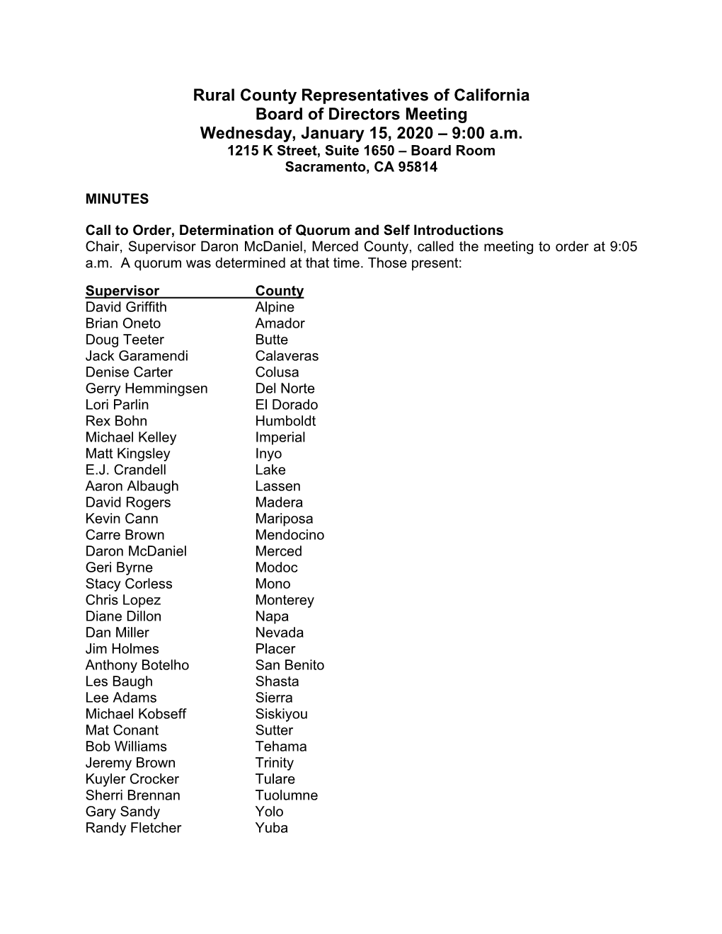 Rural County Representatives of California Board of Directors Meeting Wednesday, January 15, 2020 – 9:00 A.M