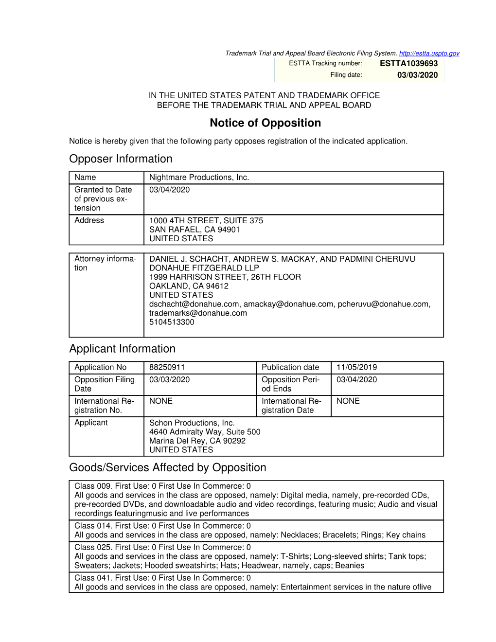 Notice of Opposition Opposer Information Applicant Information