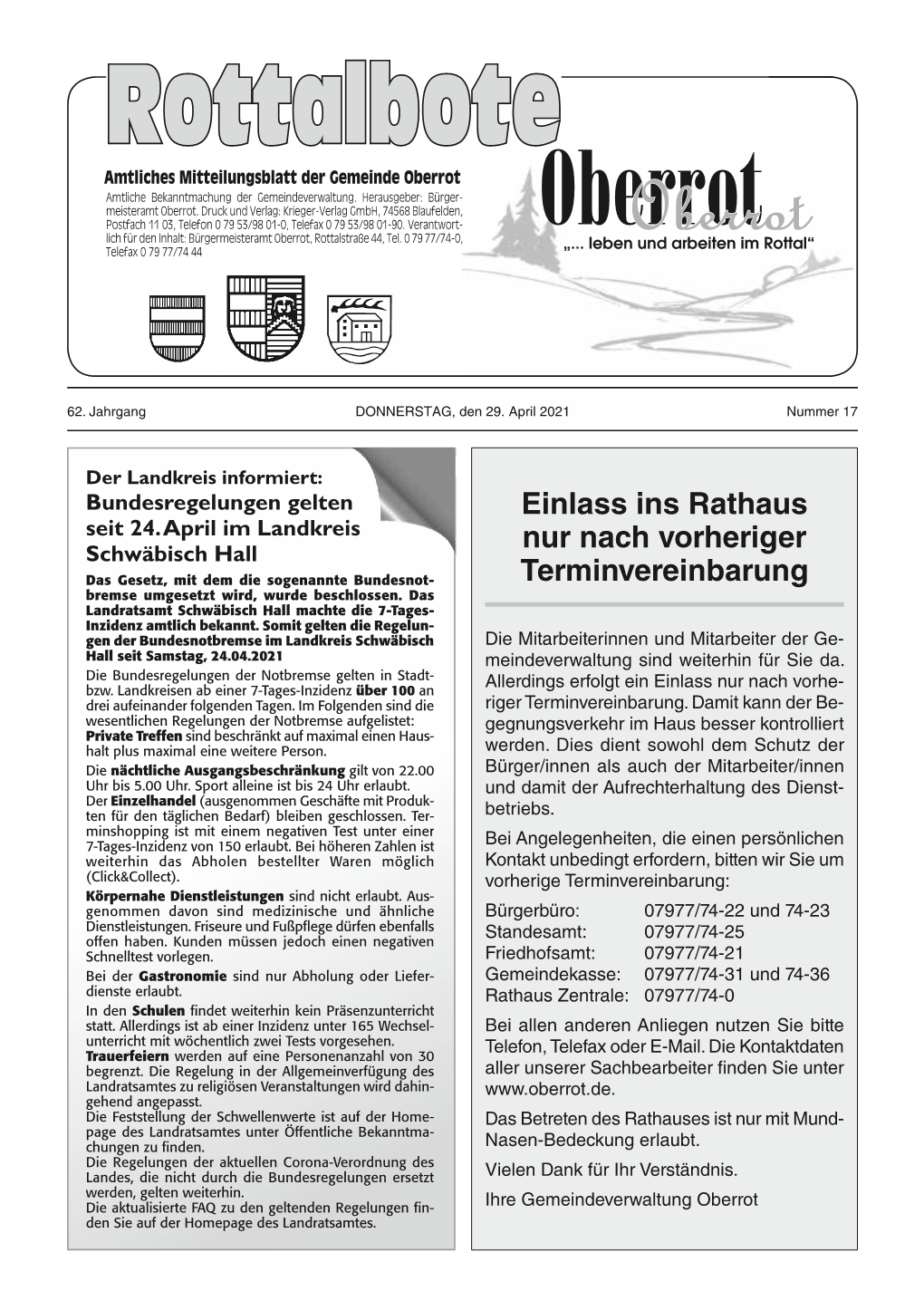 Rottalbote Amtliches Mitteilungsblatt Der Gemeinde Oberrot Amtliche Bekanntmachung Der Gemeindeverwaltung