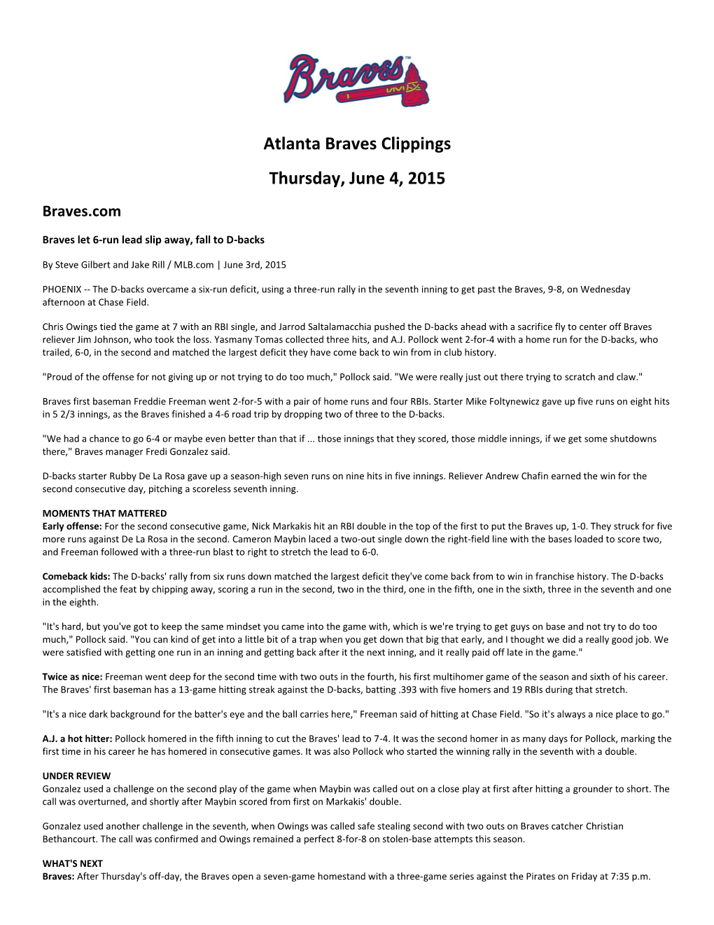 Atlanta Braves Clippings Thursday, June 4, 2015 Braves.Com