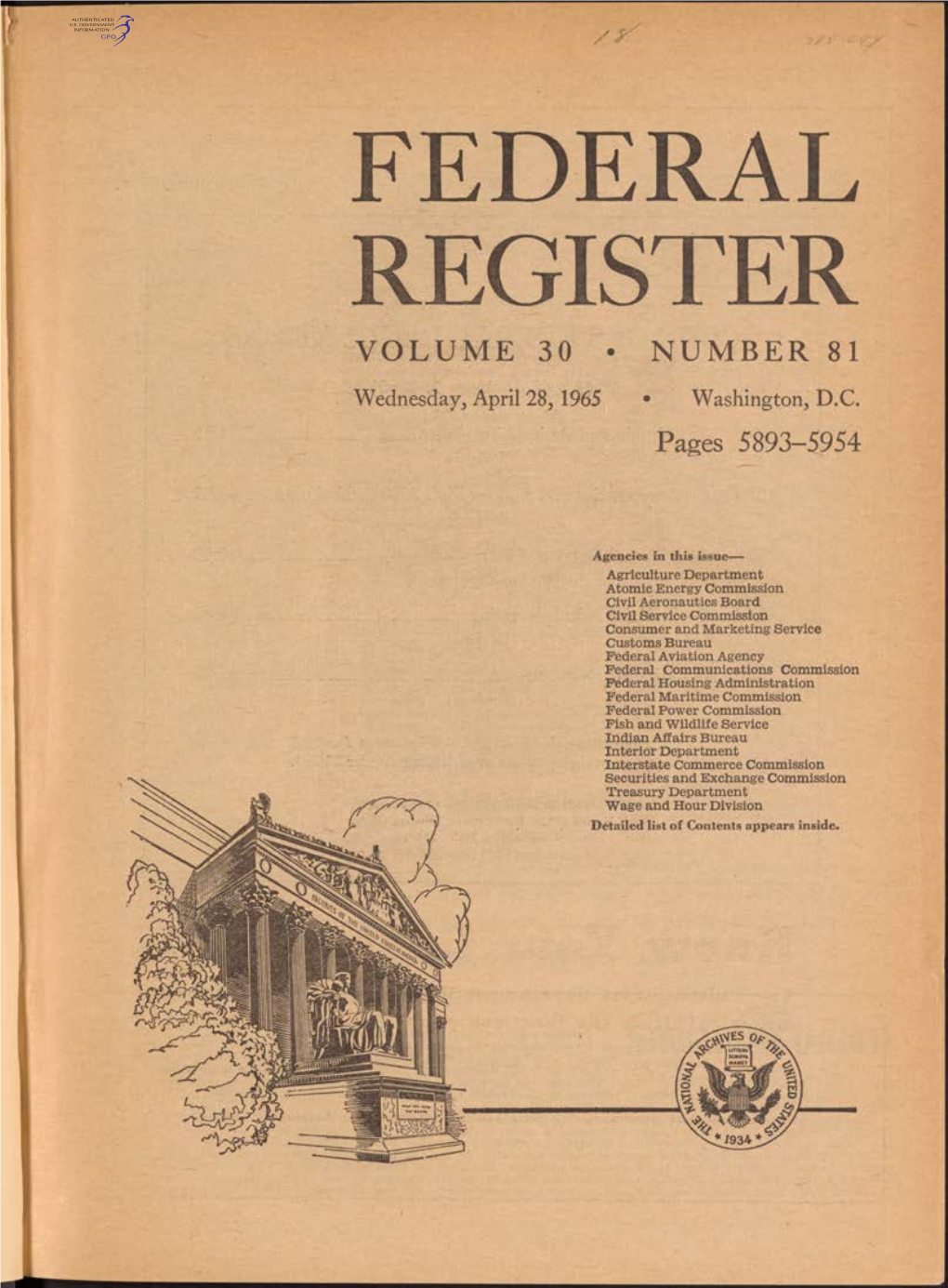 FEDERAL REGISTER VOLUME 30 • NUMBER 81 Wednesday, April 28, 1965 • Washington, D.C