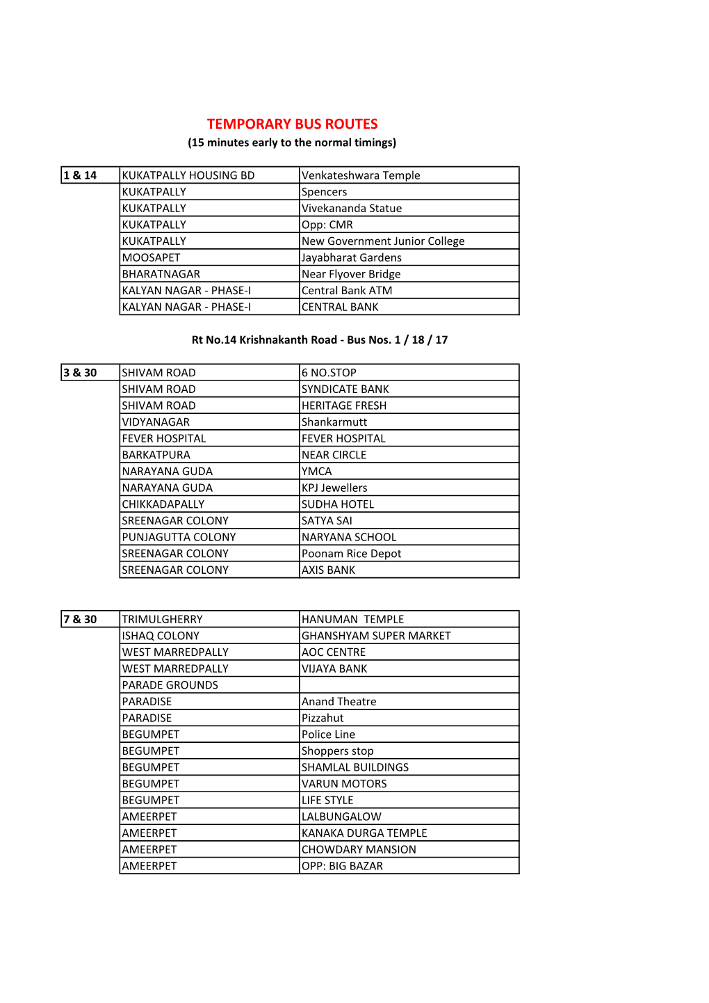 TEMPORARY BUS ROUTES (15 Minutes Early to the Normal Timings)