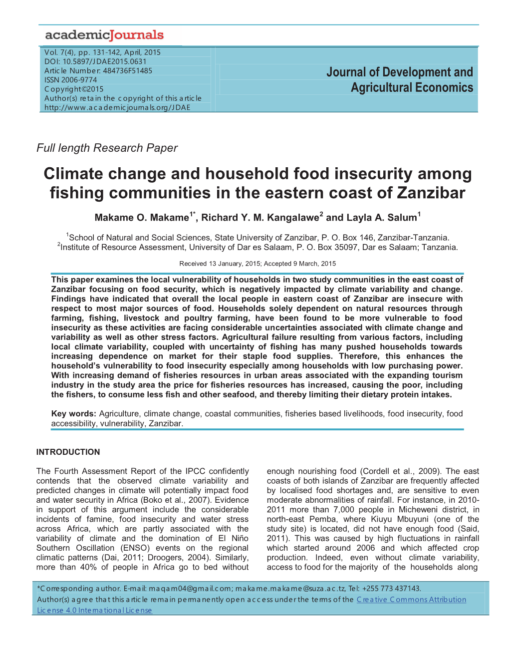 Climate Change and Household Food Insecurity Among Fishing Communities in the Eastern Coast of Zanzibar