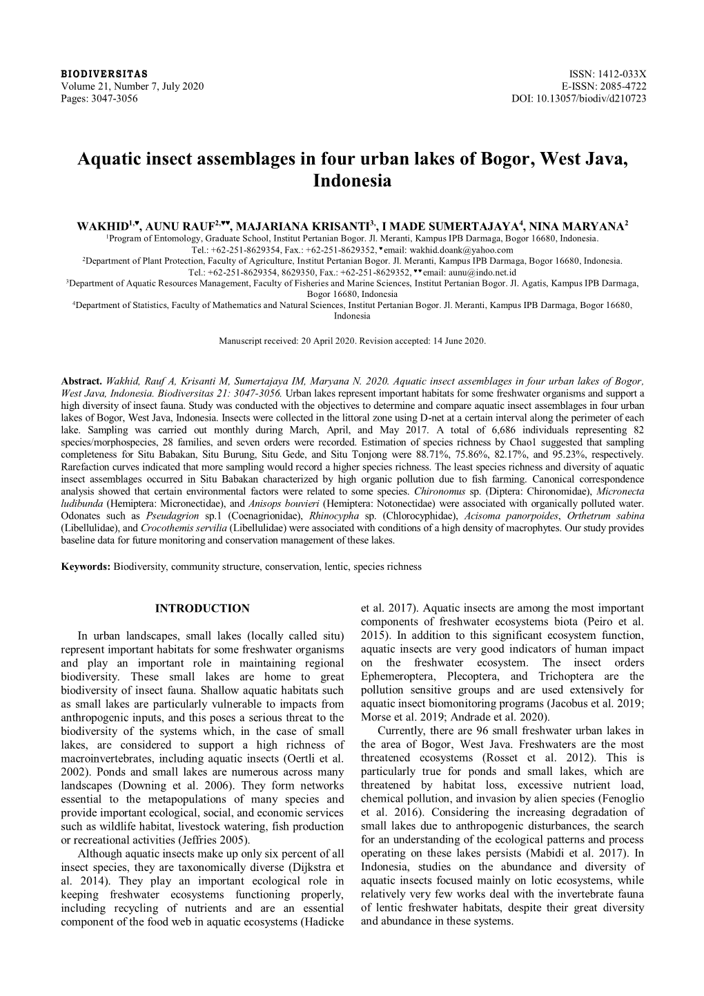 Aquatic Insect Assemblages in Four Urban Lakes of Bogor, West Java, Indonesia