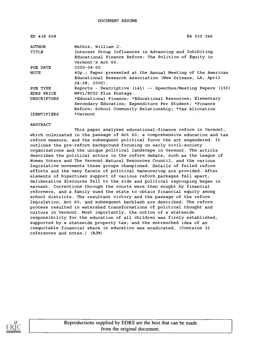 Interest Group Influences in Advancing and Inhibiting Educational Finance Reform: the Politics of Equity in Vermont's Act 60