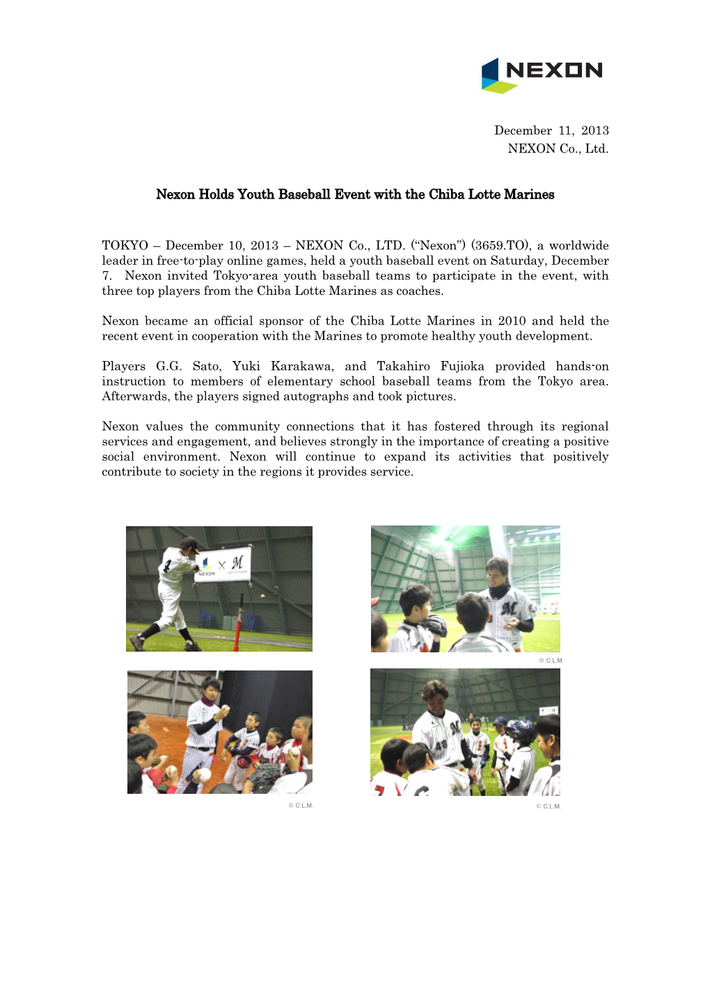 Nexon Holds Youth Baseball Event with the Chiba Lotte Marines