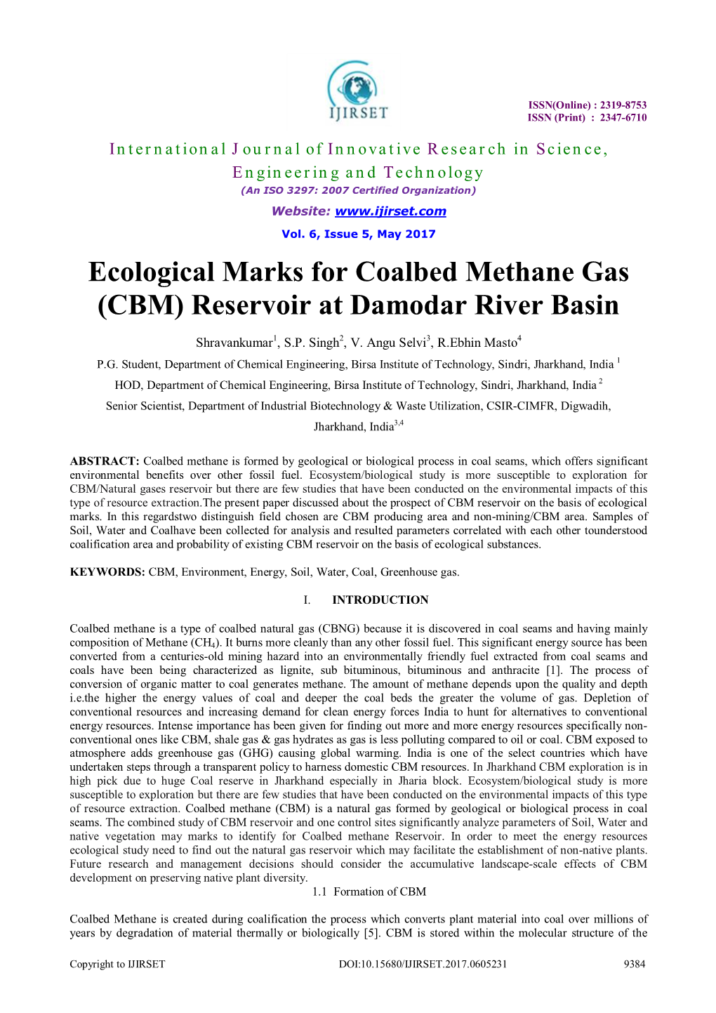Ecological Marks for Coalbed Methane Gas (CBM) Reservoir at Damodar River Basin